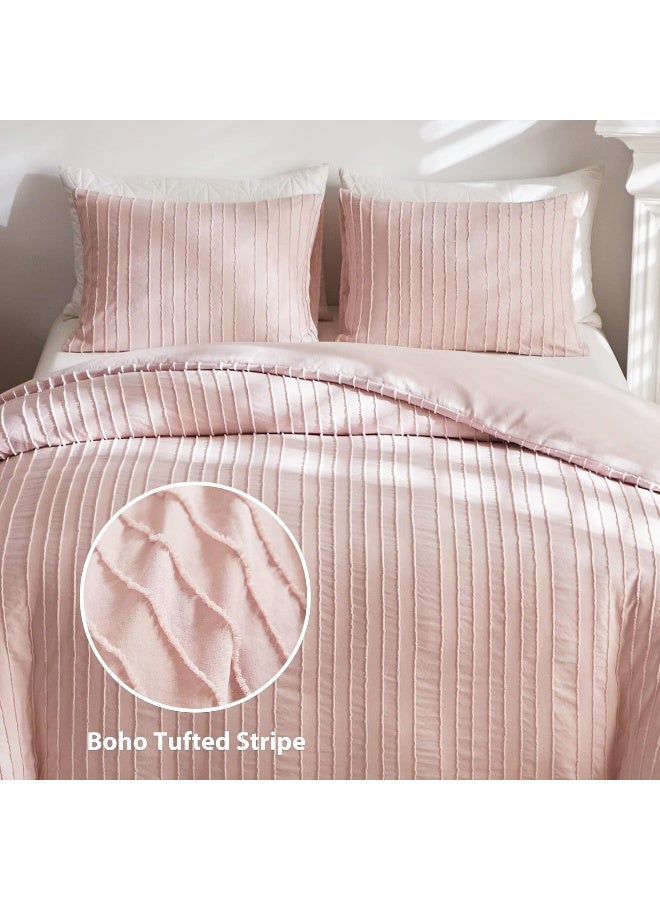 WARMDERN Pink Tufted Duvet Cover Set Queen Size, Striped Textured Duvet Cover Boho Bedding Set, 3 Pcs Ultra Soft Washed Microfiber Duvet Cover with Zipper Closure (Queen, Pink) - Image 2